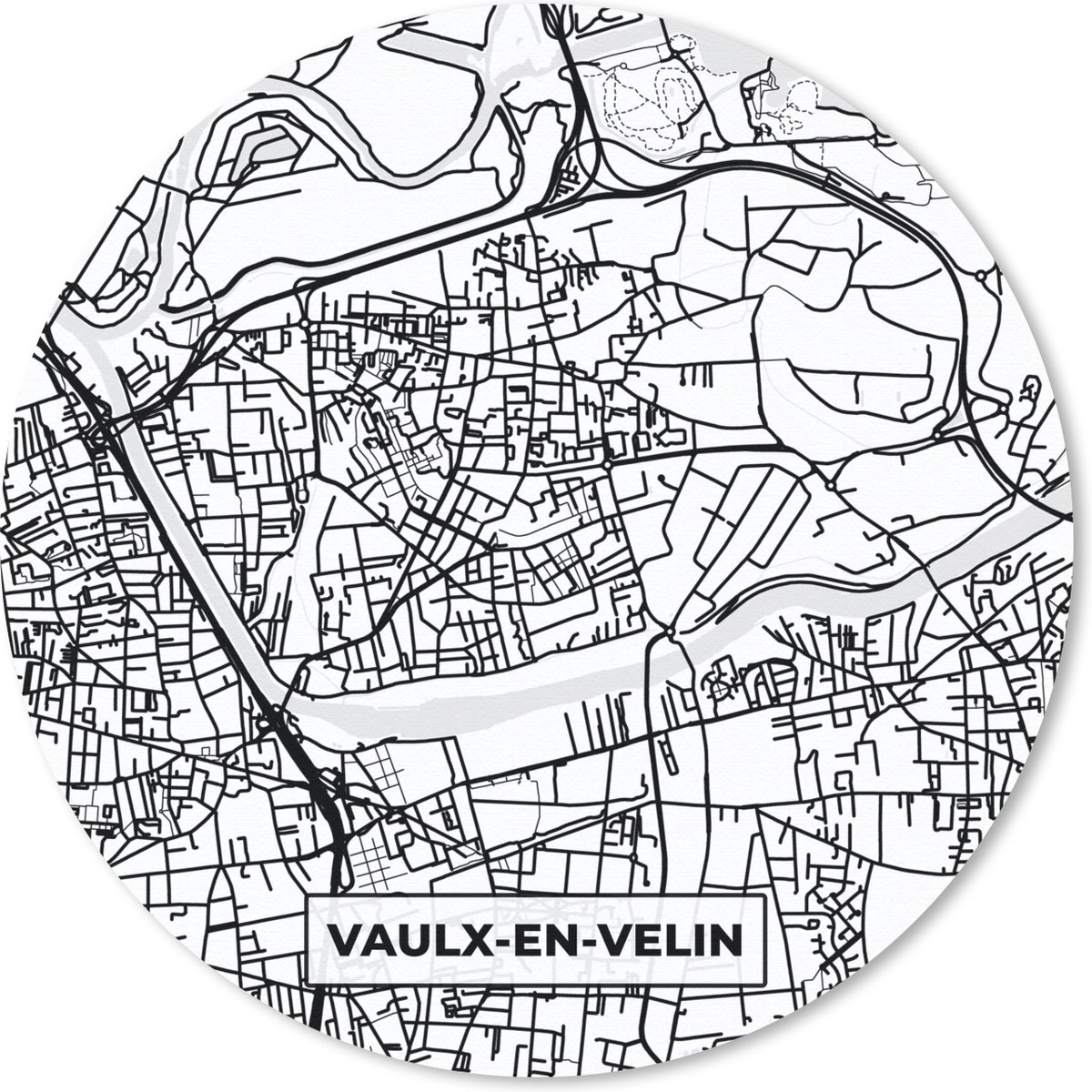 Muismat rond 50x50 cm - Mousepad Frankrijk - Kaart - Plattegrond - Stadskaart - Vaulx-en-Velin - Zwart wit - Ronde muismatten - Stadskaart