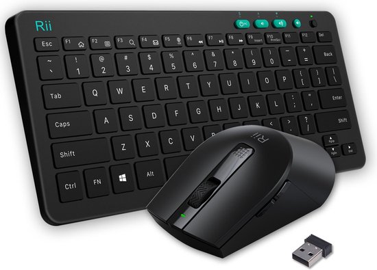 Zwarte Rii draadloze compacte toetsenbord en muis set met USB ontvanger.