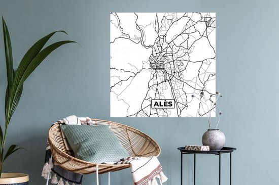 Stickers muraux - Alès - Carte - Carte - France - Plan de ville - Zwart et blanc - 80x80 cm - Film adhésif