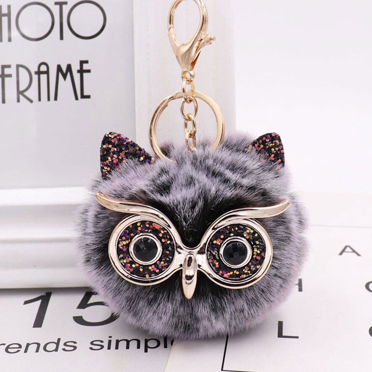 DW4Trading Sleutelhanger Pompom Uil - 8x7 cm - Grijs