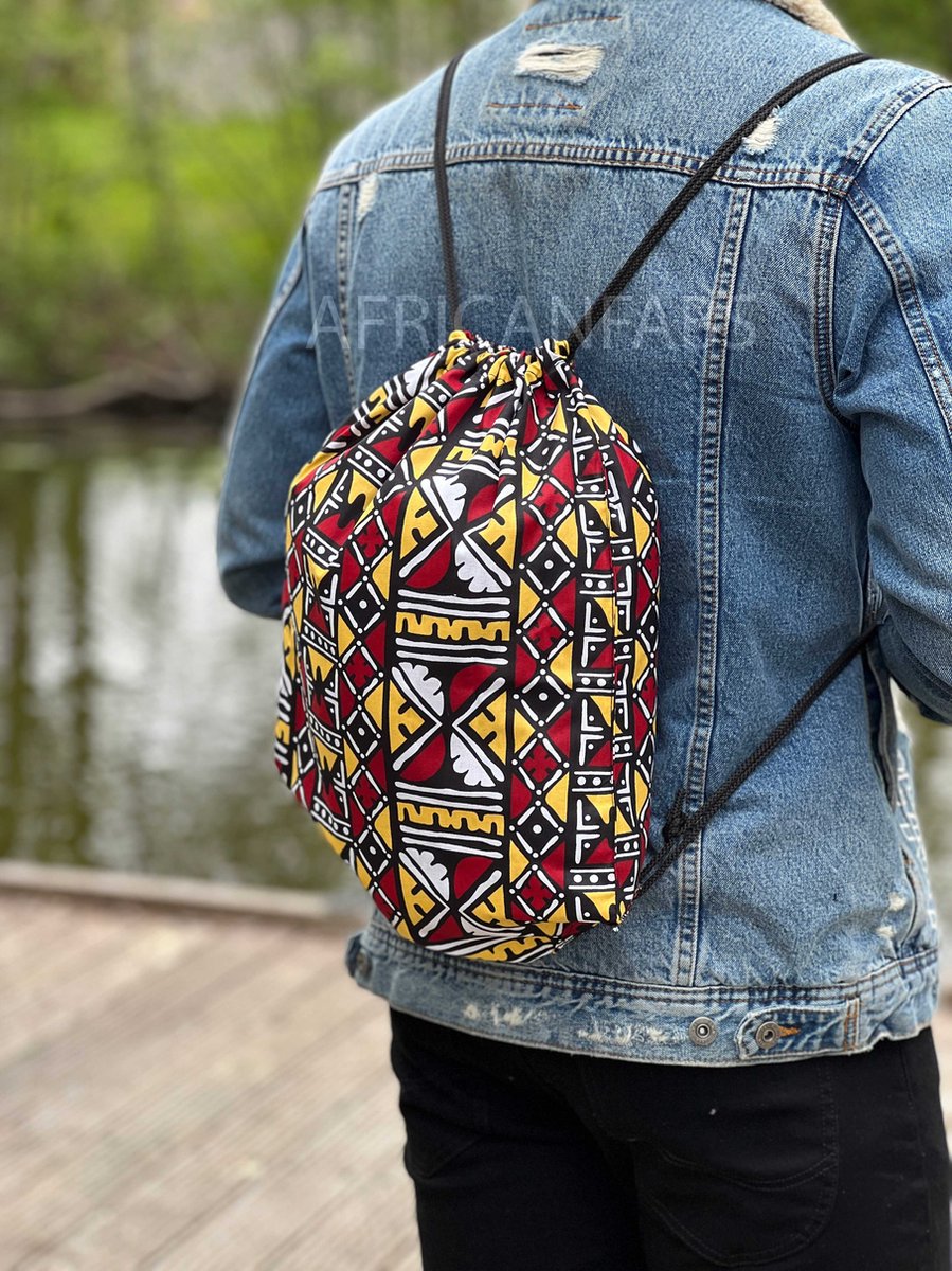Afrikaanse print rugzak / Gymtas / Schooltas met rijgkoord - Zacht geel / bordeaux bogolan - Drawstring Bag