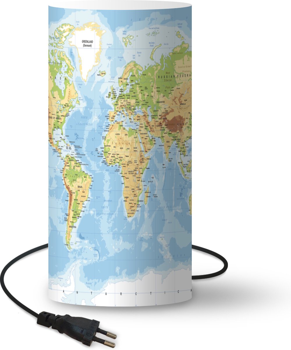 Lamp - Nachtlampje - Tafellamp slaapkamer - Wereldkaart - Aardrijkskunde - Atlas - 54 cm hoog - Ø24.8 cm - Inclusief LED lamp