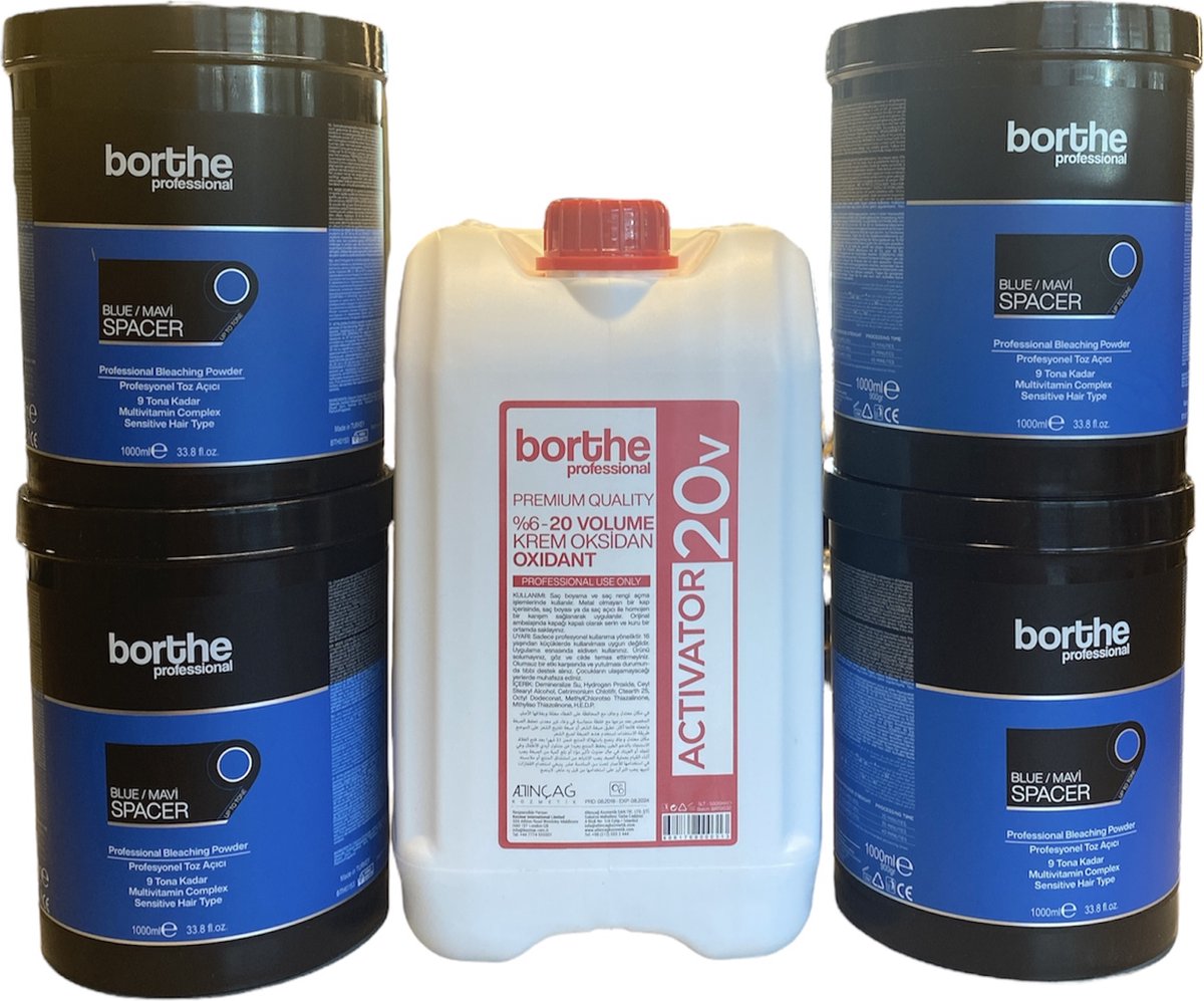 Borthe - Blondeer Pakket - Blondeerpoeder 4 kg - Blauw - Oxidatie 6% 5L - 20 Volume