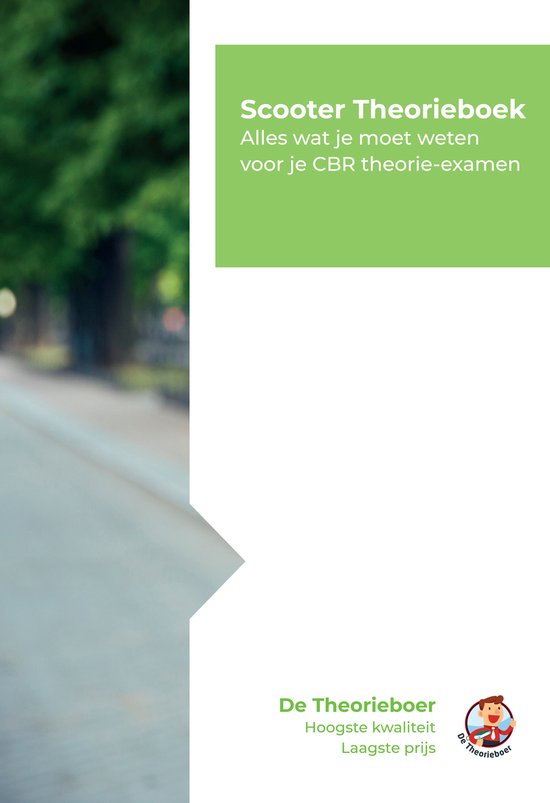 Lopend over straat met bomen. Tekst 'Scooter Theorieboek' en 'De Theorieboer'.