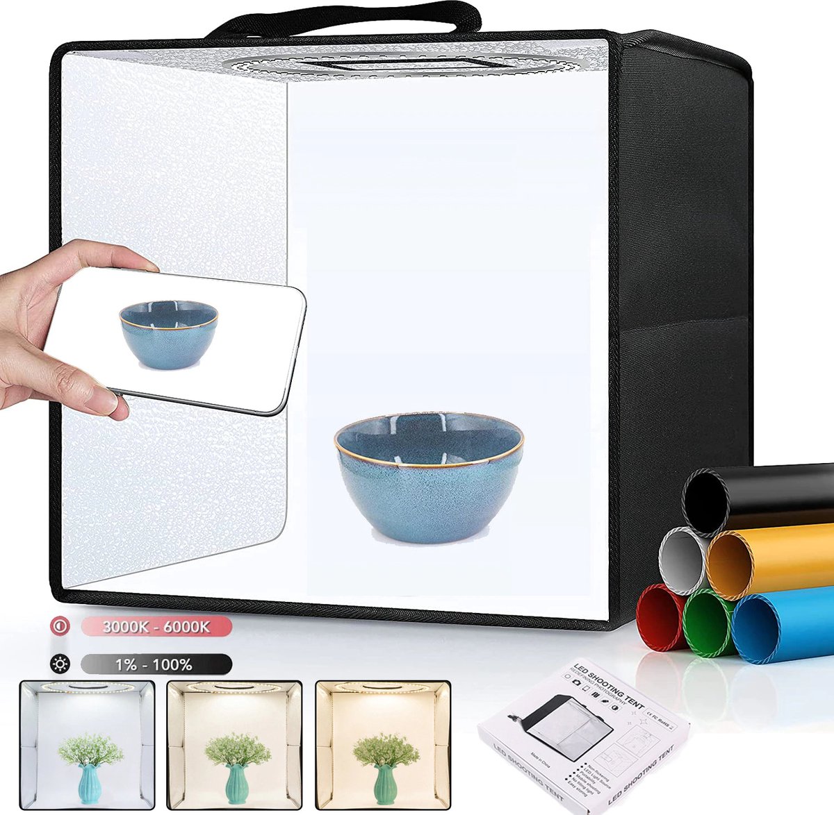 Fotobox – Led lamp – Fotostudio – Lightbox – Fotodoos – Achtergrond Fotografie – Softbox – Productfotografie – Fotostudio fotobox – Lightbox fotografie – Zwart – 30 cm