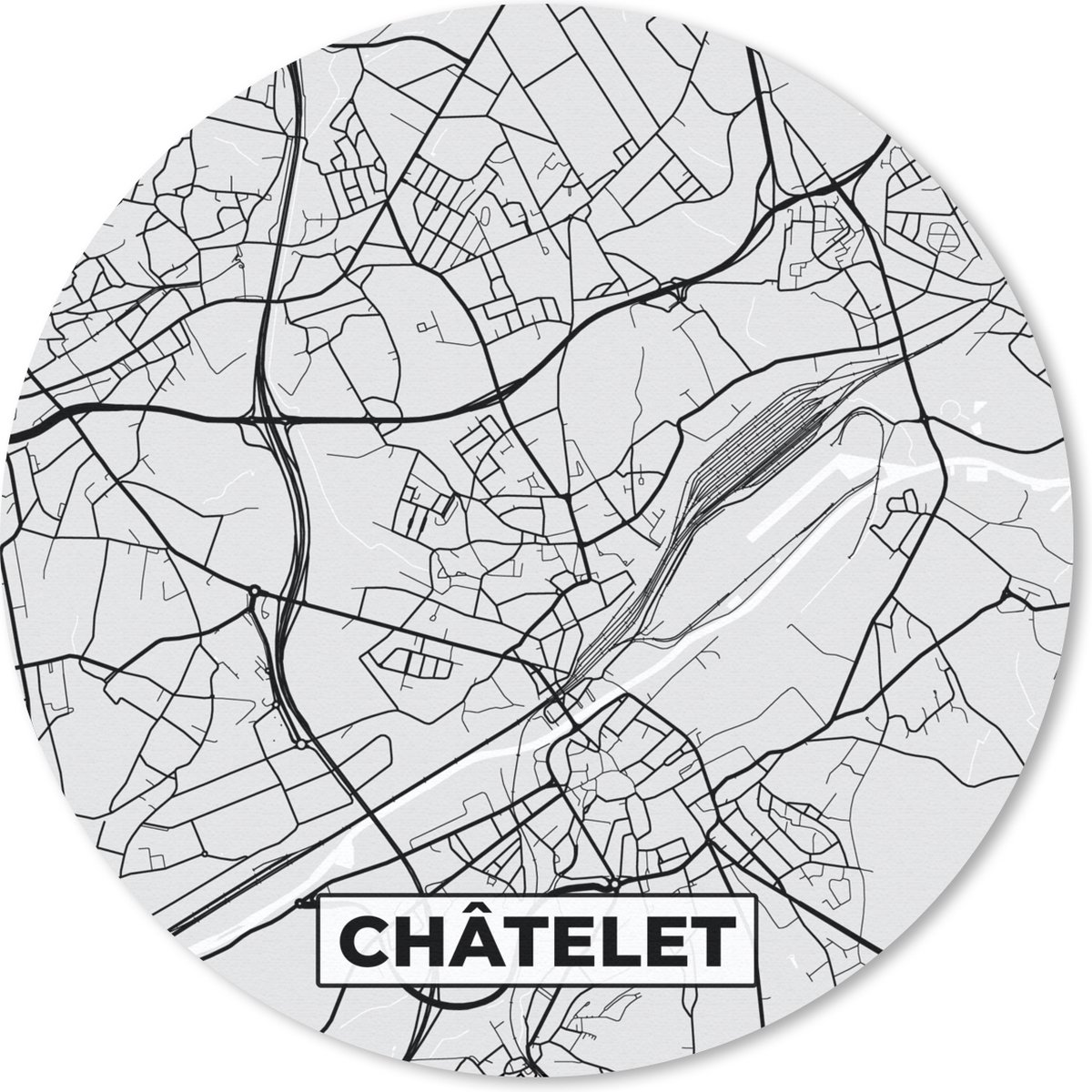 Muismat rond 40x40 cm - Mousepad Zwart Wit – België – Plattegrond – Stadskaart – Kaart – Châtelet - Ronde muismatten - Stadskaart