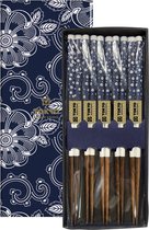 Tokyo Design Studio - Chopsticks Set - Eetstokjes Hout - Inclusief Geschenkdoos - Blue Flowers - 5 paar