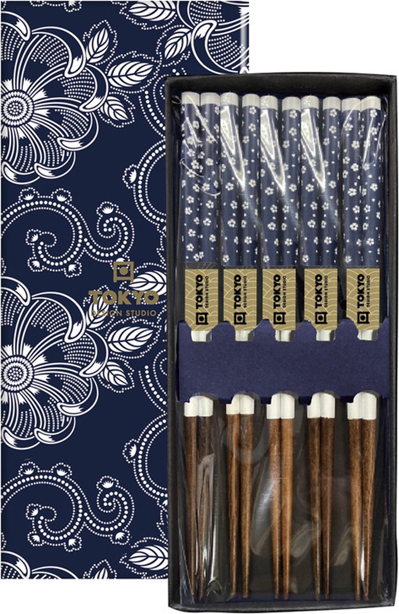 Tokyo Design Studio - Chopsticks Set - Eetstokjes Hout - Inclusief Geschenkdoos - Blue Flowers - 5 paar - Tokyo Design Studio
