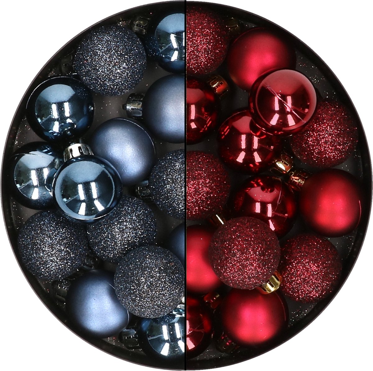 Set van 28 kleine kunststof kerstballen in donkerblauw en bordeauxrood, 3 cm - kerstversiering