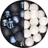 28x stuks kleine kunststof kerstballen wit en nachtblauw 3 cm - kerstversiering