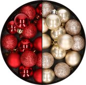 28x stuks kleine kunststof kerstballen rood en champagne 3 cm - kerstversiering