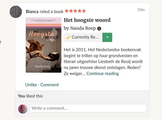 Boekbespreking op een website. Links de cover met oranje en witte tekst 'het HOOGSTE WOORD' en een vrouw met typemachine.