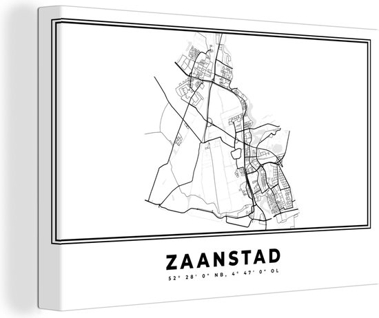 Peinture sur toile Carte - Zaanstad - Zwart Wit - Plan de la ville - Nederland - Carte - 60x40 cm - Décoration murale