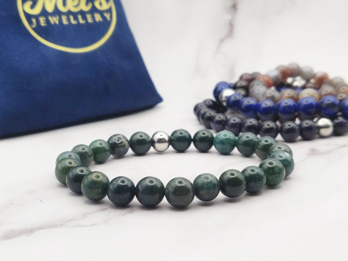 Mei's | Handmade Earth Stones | Polsmaat 17,5 cm / Mos Agaat / armband dames mannen / handgemaakte sieraad | Edelsteen / 316L Roestvrij Staal / Stainless Steel | Groen