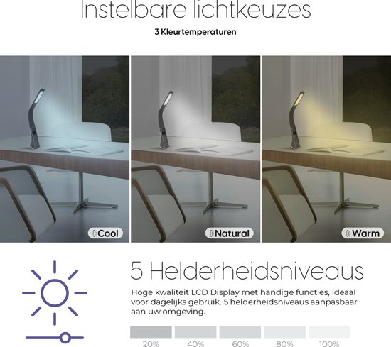 Entello LED Bureaulamp Dimbaar - 3 Lichtkleuren - 5 Dimniveaus - Nachtlamp - Bedlamp - Tafellamp - Werklamp - Bruin - 5W