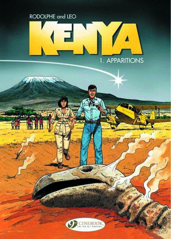 Stripboek 'Kenya 1. Apparitions' van Rodolphe en Leo. Mannen en vrouwen in een woestijnlandschap met een skelet.