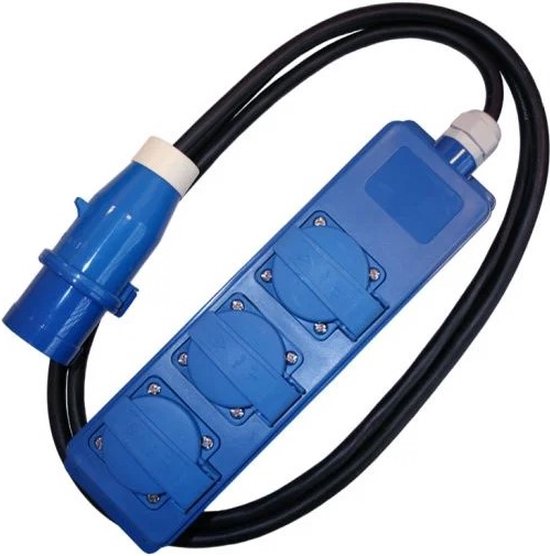 CEE Camping verlengsnoer met stekkerdoos - Lengte 5 meter - 3 stopcontacten met randaarde - 3x1.5mm² - IP44 - Belastbaar tot 3500 watt - Blauw