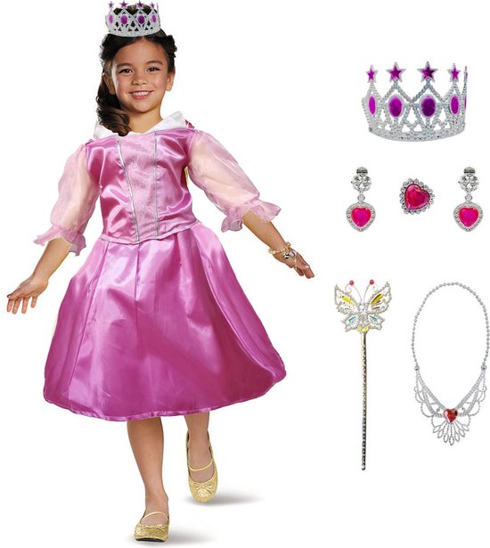 Allerion Robe Princesse Fille Rose - Habillage Enfants - Robe Princesse Rose - Accessoires de vêtements pour bébé Inclus - Taille 100 - 140cm / 3 à 8 ans