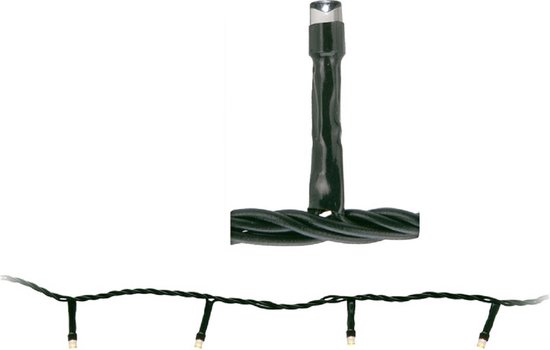 Donkergroene kabel met vier warm witte LEDlampjes, op witte achtergrond.
