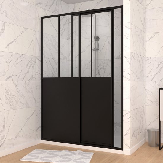 Porte de douche Aurlane - 140x200cm - profils noir mat - Porte coulissante  - verre... | bol