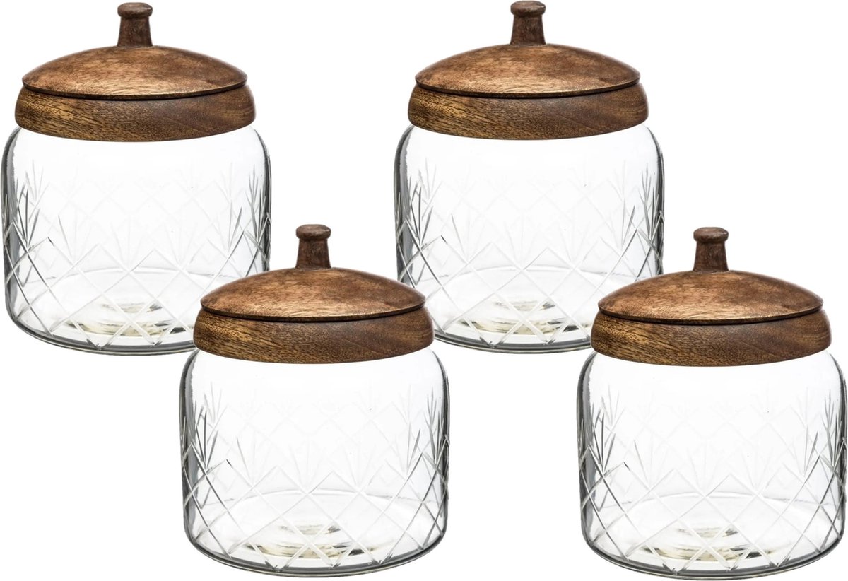 4x stuks snoeppotten/voorraadpotten 1,2L glas met houten deksel - 1200 ml - Bonbonnieres