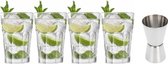 4x Cocktailglazen / Mojito glazen transparant 410 ml - Met RVS maatbeker / barmaatje 2-in-1 15/30 ml