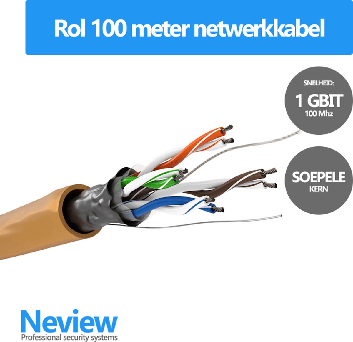Rol 100 meter F/UTP netwerkkabel - Oranje - Soepel - Zonder stekkers - Folie afscherming