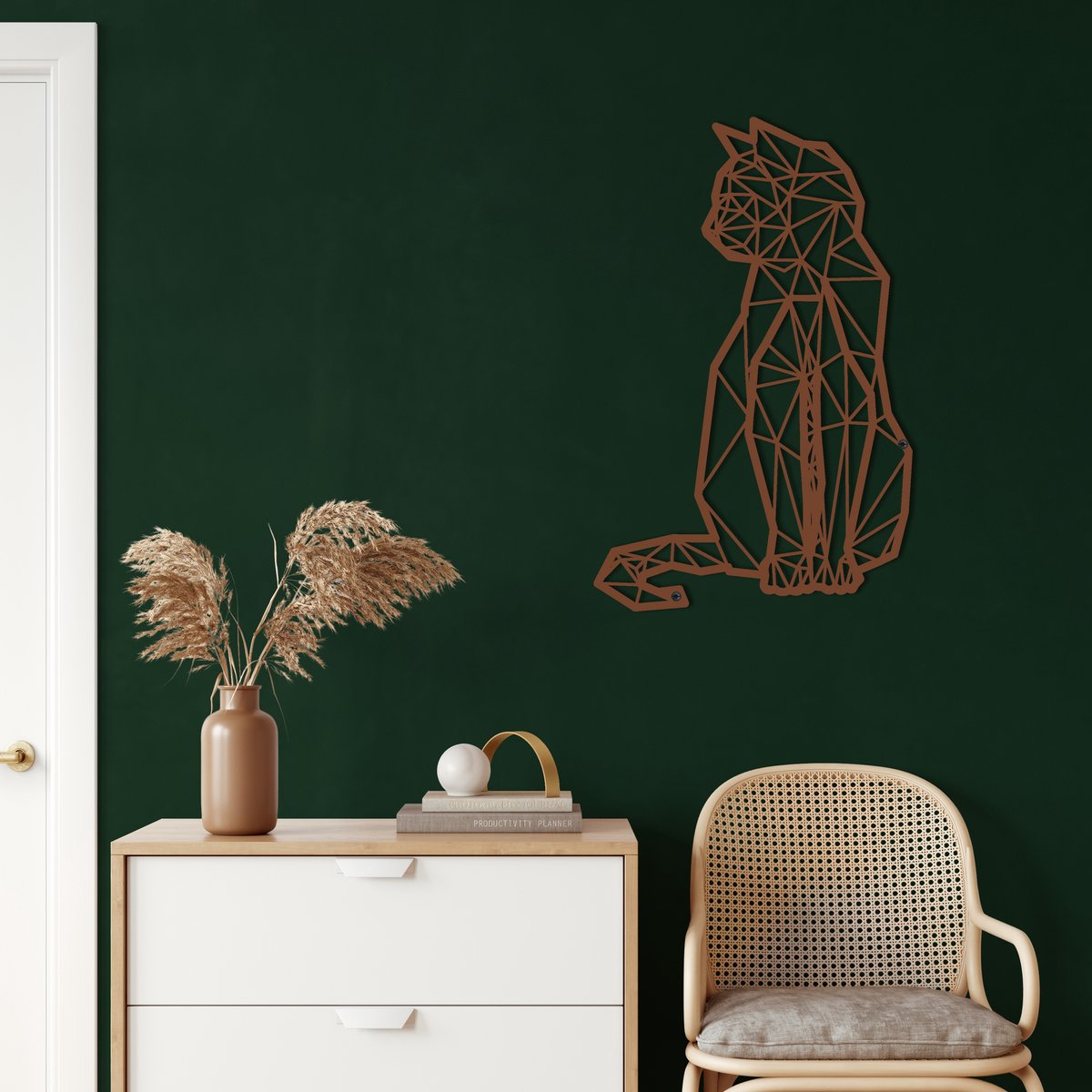 Wanddecoratie | Geometrische Kat /Geometric Cat | Metal - Wall Art | Muurdecoratie | Woonkamer |Bronze| 38x61cm