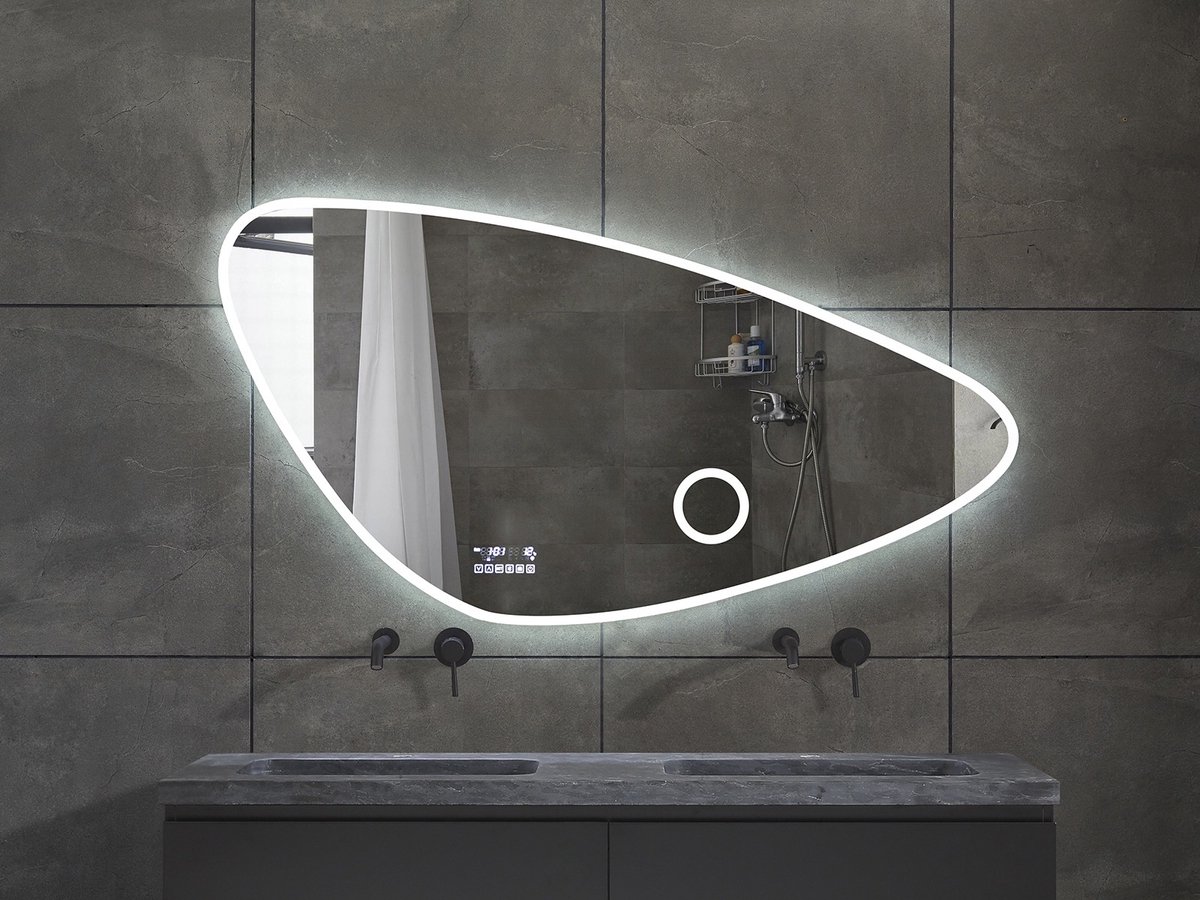 Mawialux LED Badkamerspiegel - Bluetooth en speakers - 140x70cm - Asymmetrisch - Verwarming - Touchscreen - Dimbaar - Catina PLUS