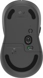 Onderkant van de grijze Logitech M650 L muis, met modelnummer en sensor.
