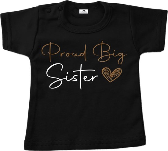 T-shirt noir pour bébé avec inscription 'Proud Big Sister' en doré et blanc, avec un cœur doré.