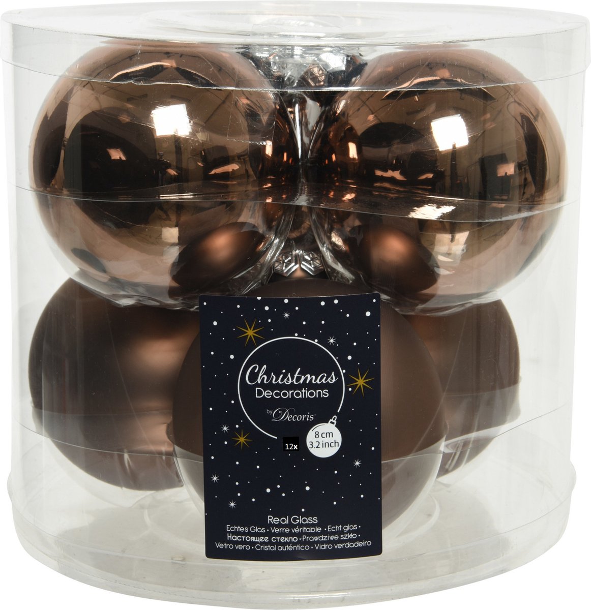 12x stuks kerstballen walnoot bruin van glas 8 cm - mat en glans - Kerstversiering/boomversiering