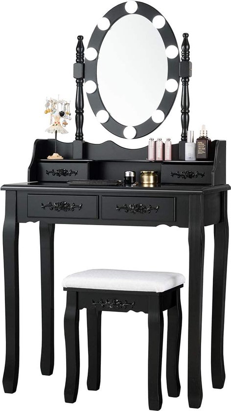 Coiffeuse table de maquillage avec miroir oval et 10 ampoules led