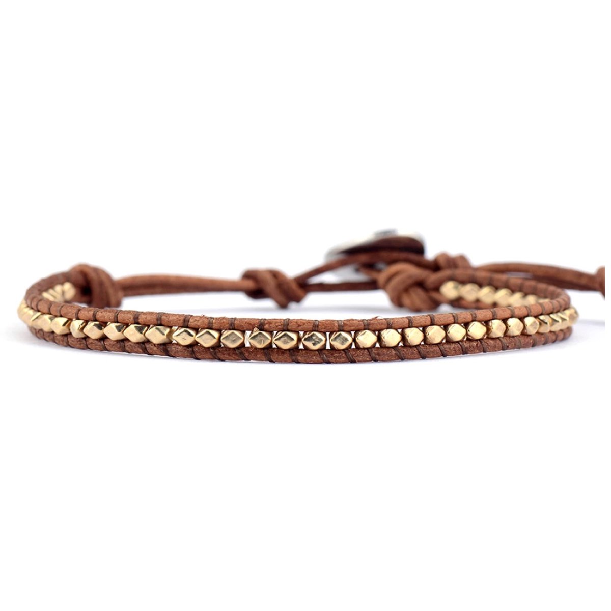 Marama - armband June Gold - leer - goudkleurige kralen - verstelbaar