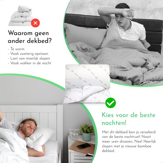 Vrolijke man slaapt onder bamboe zomerdekbed, lachende man wordt wakker. Geen dekbed tegenover warme man in bed.