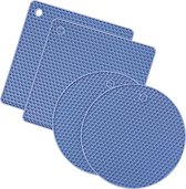 Pannenonderzetter Hittebestendig - Onderzetters Voor Pannen - Siliconen Mat - Pannenlappen - Ovenwanten - Potopener - Afgiethulp - Rond & Vierkant - Blauw - 4 Stuks