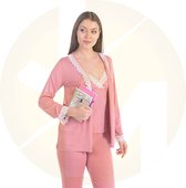 Dames nachtjapon | Tuniek van kant | Nachthemd voor dames | Dames pyjama | Cadeau voor dames | 4-delige set | kleur: roos | maat: XL