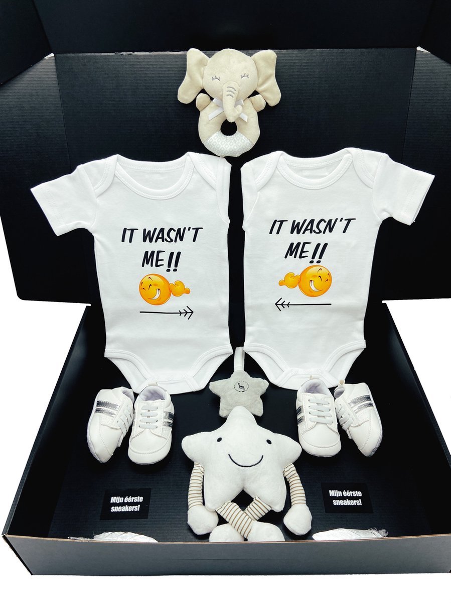 Kraamcadeau Tweeling - twins box - kan ook rechtstreeks als cadeau worden verstuurd - muziekmobiel romper kraamkado tweeling