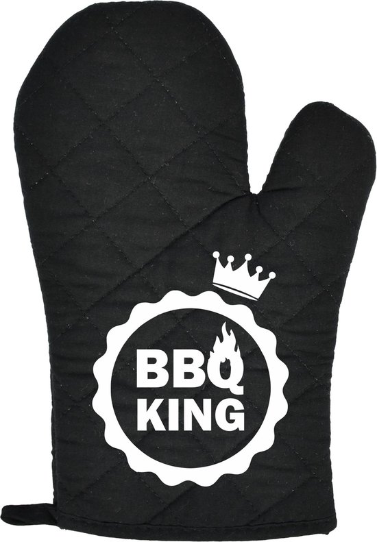 Gant de cuisine noir avec un motif matelassé en losanges, arborant le logo "BBQ KING" et une couronne.
