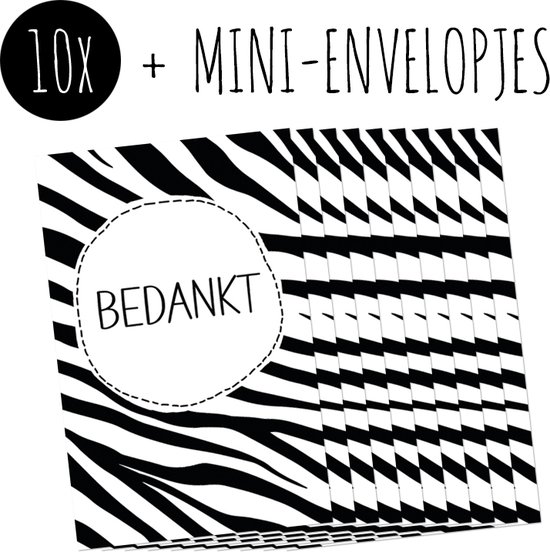 10x Minikaartjes + Mini-envelopjes | BEDANKT | kleine kaartjes met kraft enveloppen | zebra