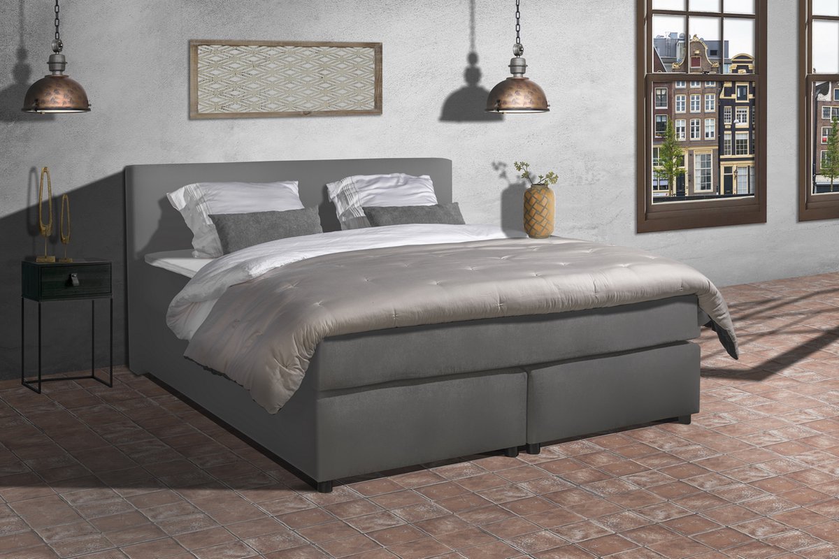 Anno 1588 - Boxspring Amsterdam - Pocketvering - Antraciet Lederlook - 180x200 cm - Inclusief Dekbed en Kussens