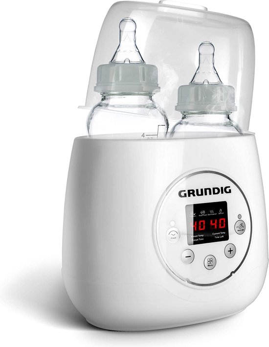 Grundig Flessenwarmer - Dubbele Flesverwarmer - 200W - Ruimte voor 2 Babyflessen - Verwarmen, Ontdooien en Steriliseren - Incl. Stoomkap - Wit