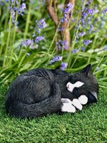 Slapende kat S1 zwart en wit 10 cm hoog - poes - polyester - polystone - beeld - tuinbeeld - hoogkwalitatieve kunststof - decoratiefiguur - interieur - accessoire - voor binnen - voor buiten - cadeau - geschenk