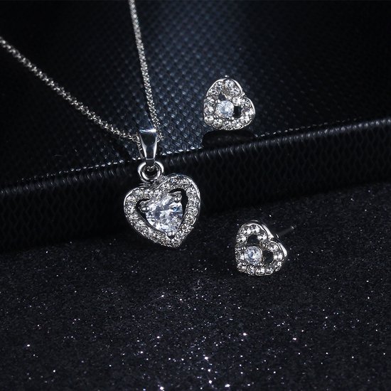Heart necklace and earrings 21815 - kettingontwerp zilver 925 ketting met oorbellen - Zirkonia steen met Zilver