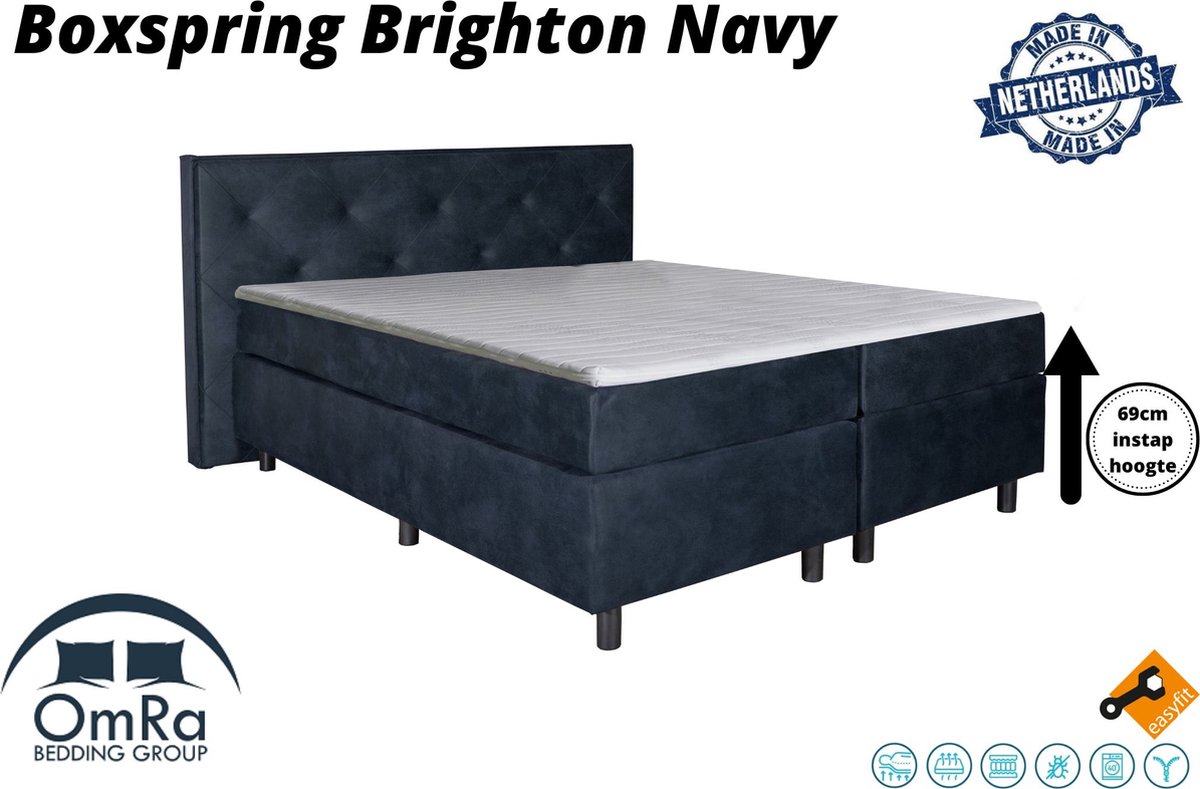 Omra - Complete boxspring - Brighton Navy - 140x210 cm - Inclusief Topdekmatras - Hotel boxspring
