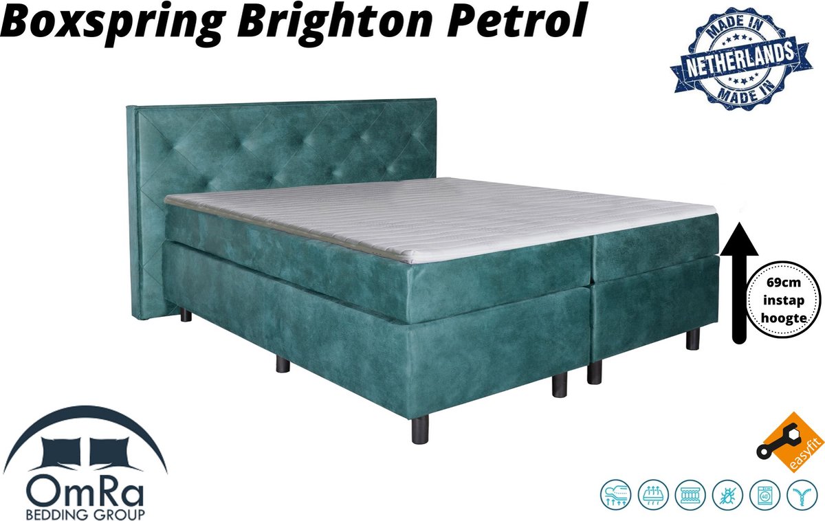 Omra - Complete boxspring - Brighton Petrol - 70x200 cm - Inclusief Topdekmatras - Hotel boxspring