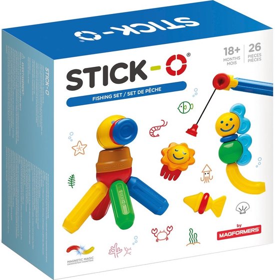 Verpakking van de Stick-O Fishing Set met magnetisch speelgoed, waaronder een hengel en zeedieren.