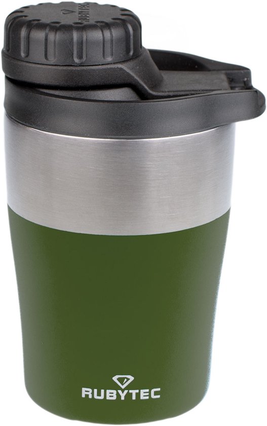 Olijfgroene thermosbeker met RVS accent en zwart deksel met drinkopening.