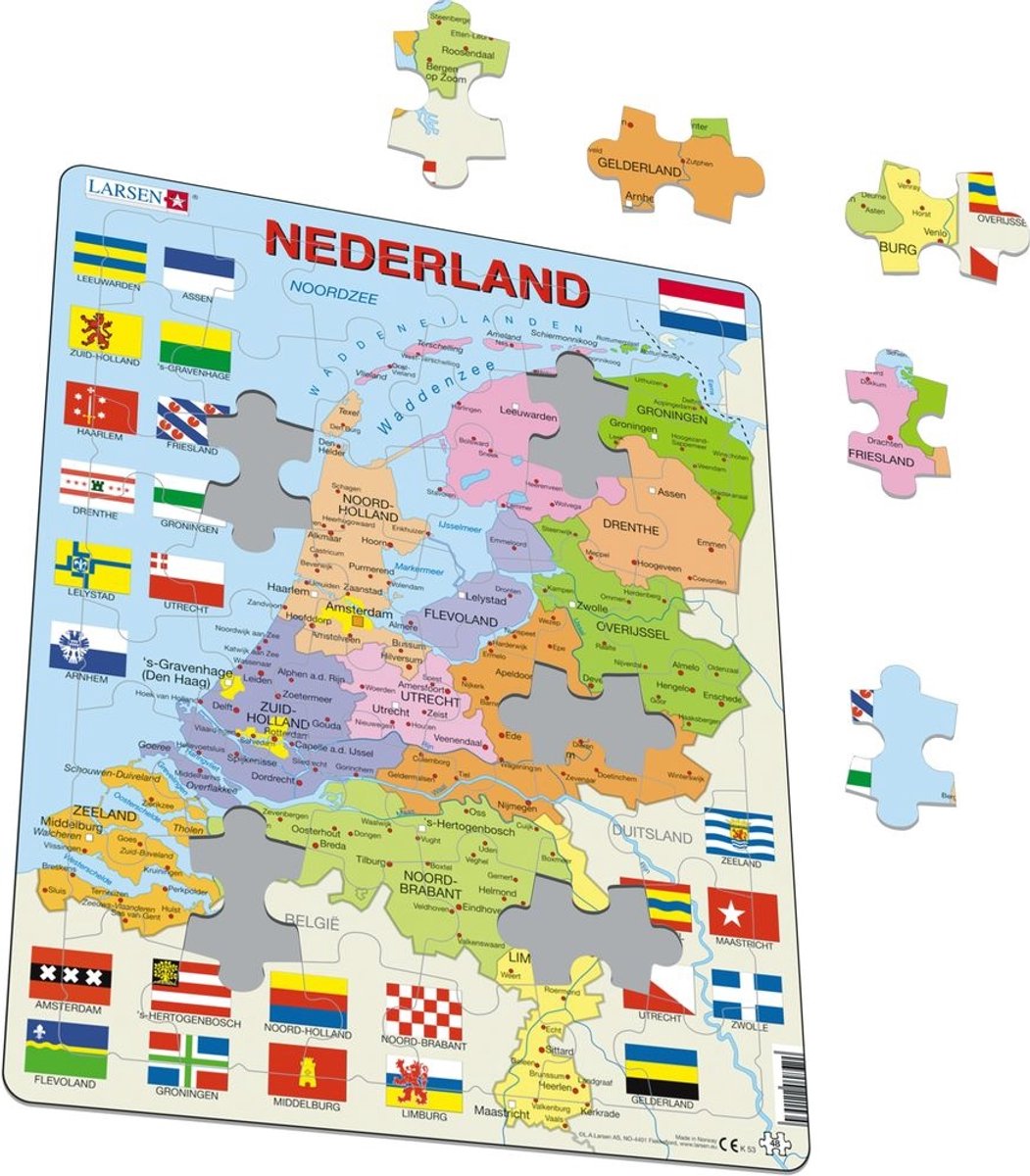 Larsen Nederland met provincies en vlaggen – Puzzel – Kaarten & Geografie – Nederland – Educatieve legpuzzel voor kinderen – 48 stukjes – Gemaakt in Noorwegen – Extra dikke 2,5 mm stukjes – Tray met vaste rand — afbeelding 7
