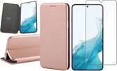 Hoesje geschikt voor Samsung Galaxy S22 - Book Case Lederen Wallet Cover Minimalistisch Pasjeshouder Hoes Roségoud - Tempered Glass Screenprotector